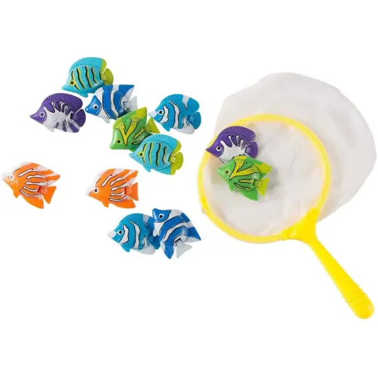 BLUE PANDA Pool Dive & Catch Fish Set - 13-Piece Plastic Fish & Net - Swimming Pool Fun & Fishing Activity for Kids Ages 3-14 {1}
