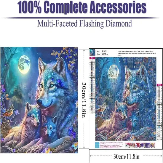 5D Wolf Diamond Painting Kits for Adults Beginners, Moonlight Diamond Art Kits, Full Drill Crystal DIY Round Night Moon Wolf Family Paint with Diamonds Gem Art Home Wall Decor 12&times;12 Inch {2}