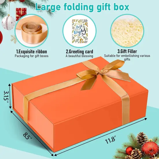 Beautiful & Sturdy Large Orange Gift Box Measuring 12 x 8.5 x 3.2 Inches for Birthday Gifts - Box Includes Cards, Envelopes, Ribbon and Shredded Paper Filler (set of 2) {4}