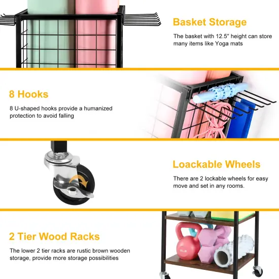 Multi-Functional Weight Rack for Home Gym &ndash; Portable Storage Organizer with Wheels, Hooks & Yoga Mat Holder for Dumbbells, Resistance Bands, Blocks {3}