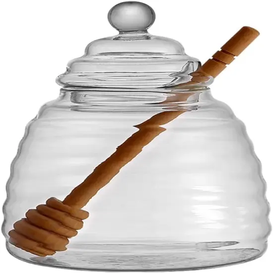 16.9 Oz Honey Pot with Dipper, Glass Honey Jar and Dipper Set, Honey Dispenser, Beehive Honey Pot for Store Honey and Syrup(wooden stick) {1}