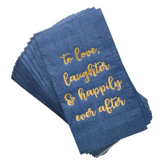 100-Pack Navy Blue Napkins for Wedding Reception with "To Love, Laughter & Happily Ever After" in Gold Script (3-Ply 4x8 in) {5}