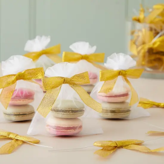 100-Pack Twist Tie Bows, Metallic Gold Pre-Tied Satin Ribbon for Gift Wrap Bags Boxes, Party Favors, Baked Goods, Crafts, Mini Bowties for Hair Decorations (2.5x3 in) {3}