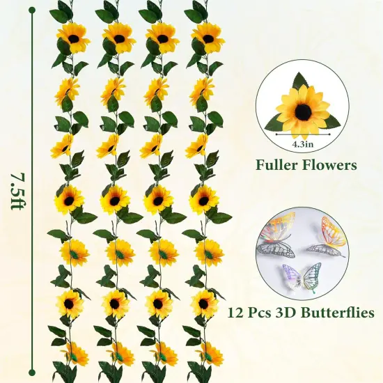 4 Pack Artificial Sunflower Vines 7.5ft Sunflower Summer Garland Table Decor Silk Sunflowers with Green Leaves Fake Sunflowers {3}