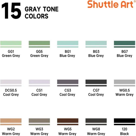 15 Colors Grey Tones Dual Tip Art Marker, Alcohol Based Marker Pens Double Ended with Fine and Chisel Point Tips {2}