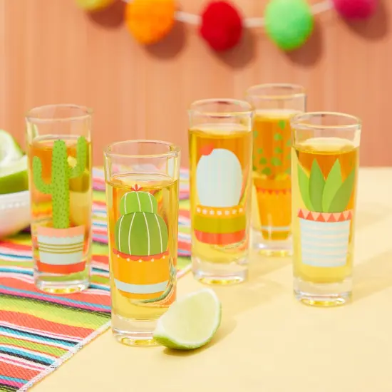 5 Pack Shot Glasses Set with Cactus Designs for Bachelorette, Fiesta Supplies, Western-Themed Party, Round, Decorative Shot Glasses with Heavy Base for Tequila, Whiskey, Vodka (2 oz) Green {2}