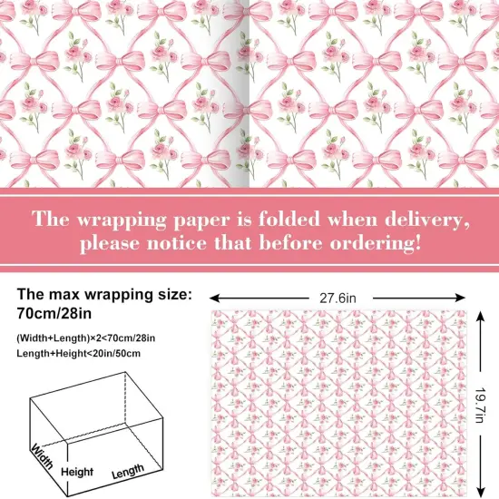 6 Sheets Spring Pink Bow Flowers Wrapping Paper - Not Roll - Watercolor Pink Bow Gift Wrap Paper Folded Flat Coquette Bowknot for Valentine's Day Baby Shower DIY Crafts, 19.7 x 27.6 Inch {2}