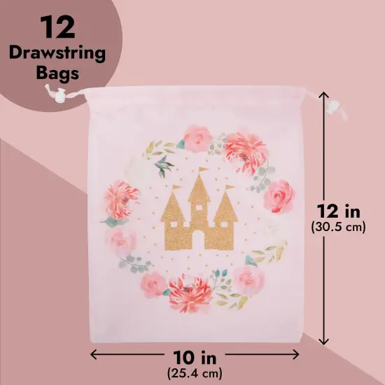 12 Pack Pink Drawstring Gift Bags for Princess Birthday Party Favors, Castle and Rose Print (10 x 12 In) {4}