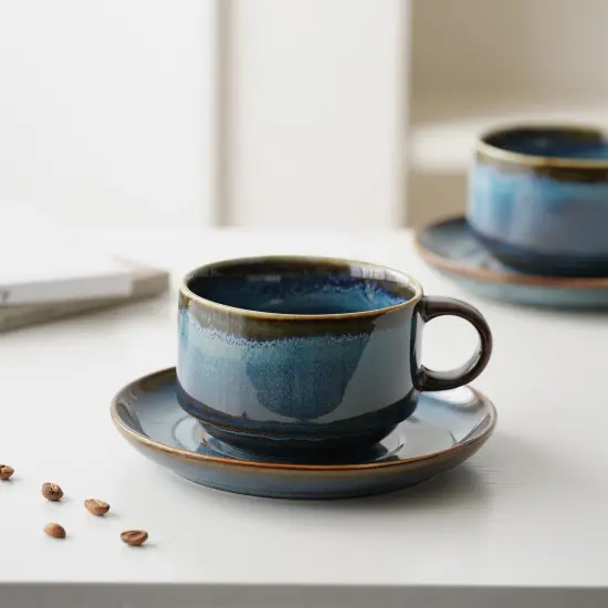 Ceramics 10oz Cappuccino Cups with Sacuer, Set of 2, Coffee Cup for Au Lait, Latte, Tea, Mocha-Set of 2, Dishwasher and Microwave, Reactive Blue {3}