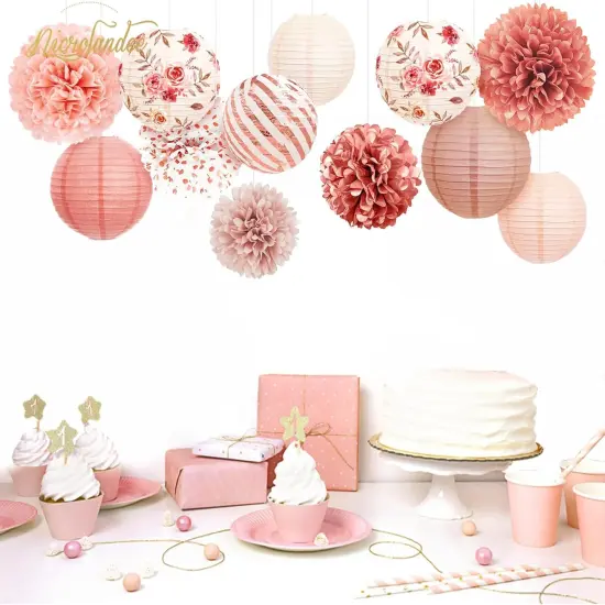 Wedding Party Decorations, 12 PCS Rose Pink Floral Paper Lanterns Tissue Pom Poms Backdrop Decoration for Pink Boho Wedding Bridal Shower Birthday Tea Party Decor {4}