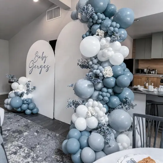 Dusty Blue Balloons Arch Kit, 134 Pcs Muted Light Baby Slate Blue and White Balloon Garland mit 18 Inch Pale Blue Clear Balloon *5, Long Balloon as Bow Decor for Baby Shower Boy Gender Reveal Wedding {3}