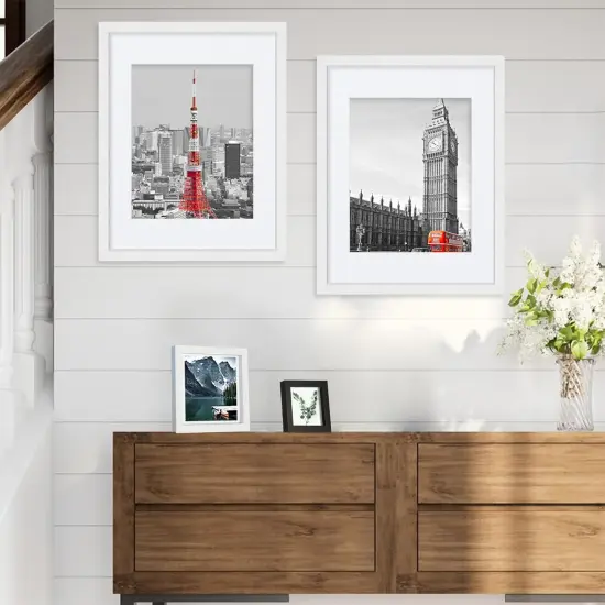 11x14 Picture Frames set of 3, Made of Glass and White Wooden Photo frame - Displays 8x10 Picture with Mat or 11 x 14 Poster without Mat, Wall Collage Frame set {5}