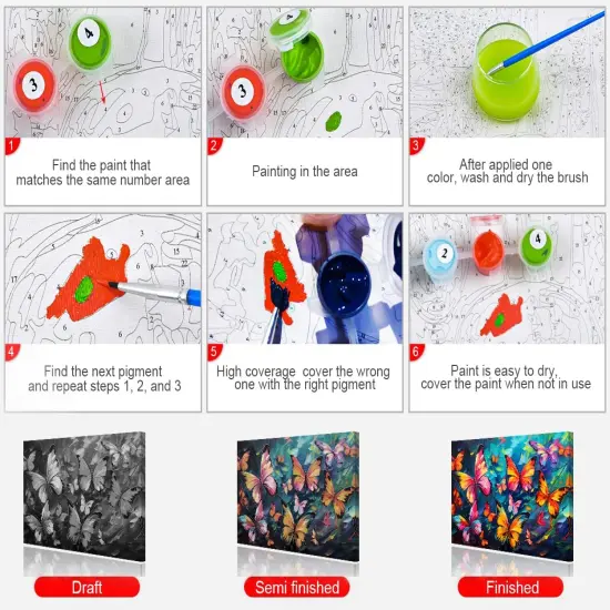 Abstract Paint by Numbers Kit for Adults, Butterflies Theme, 16x20 Inch Frameless Canvas with Acrylic Pigment and Paintbrushes, All Ages, Unisex, Non-Foldable {3}