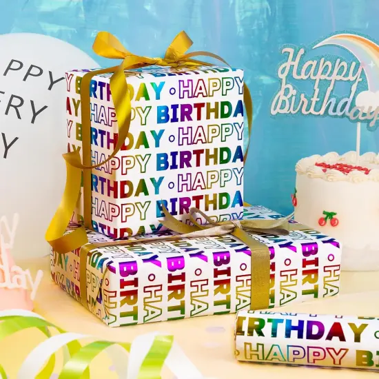 Birthday Wrapping Paper Roll, Happy Birthday Lettering Colorful Holographic Foil Design for Birthday, Baby Shower, Holiday Party Gift Wrap, Mini Roll, 17 inches x 16.4 Feet (23.2 sq.ft.) {2}