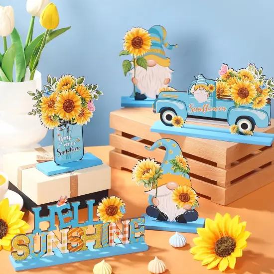 5 Pcs Sunflower Table Sign Sunflower Wooden Table Centerpieces Sign Summer Gnome Wooden Table Decor Sunshine Table Decoration Signs Gnome Wooden Centerpiece for Home Party(Blue) {4}
