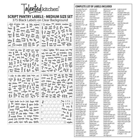 Talented Kitchen 375 Clear Pantry Labels for Containers - Preprinted Black Script Kitchen Stickers for Organizing Food Containers, Jars, Storage Canisters, and Bins (Water Resistant) {7}