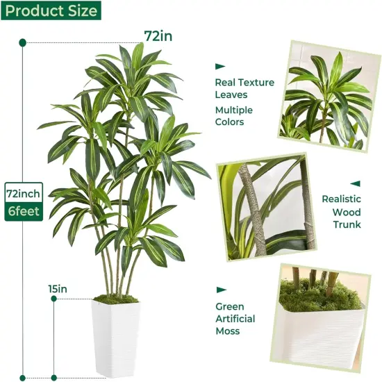 6FT Artificial Dracaena Silk Tree with White Planter - Real Touch Fake Plant for Home & Office Decor, Faux Yucca Indoor Floor Tree {5}