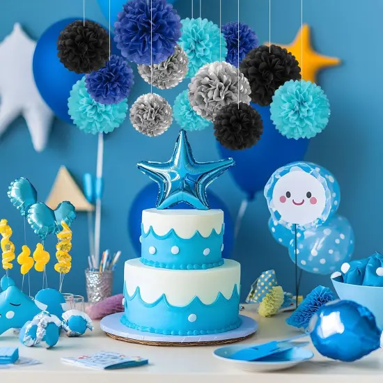 20 PCS Tissue Paper Pom Poms, Tissue Pom Poms Flowers, Sizes of 6", 10", 12", 14" Hanging Paper Flower Ball for Wedding, Birthday, Graduation, Baby Shower Party Decor (Black Silver Blue) {4}