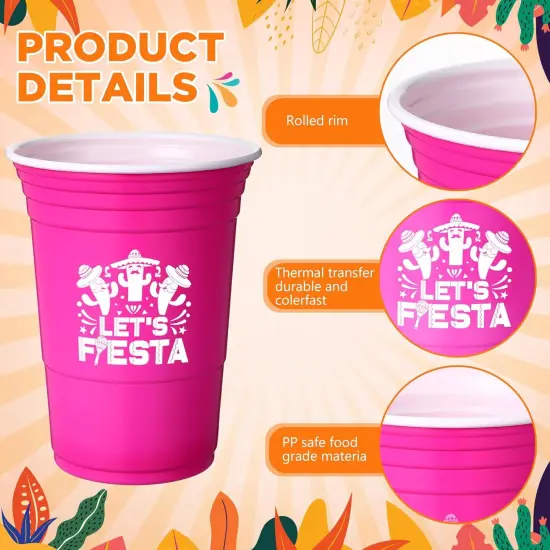 50 Pack Let's Fiesta Cups, Cinco De Mayo 16 oz Plastic Disposable Cups for Mexican Party Hot Cold Drinks Fiesta Taco Birthday Party Supplies Decorations {2}