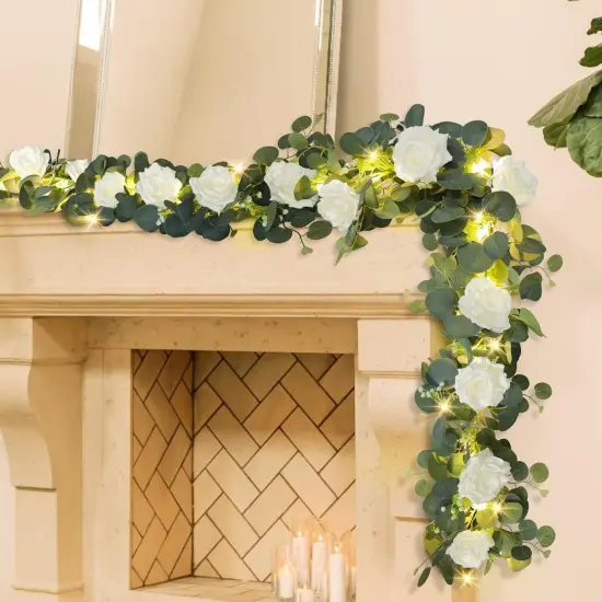 2 Pack 13.2FT Eucalyptus Garland with Lights - Spring Gypsophila Flower Garland with 24 White Roses Artificial Floral Greenery Vine for Arch Table Centerpieces Backdrop Party Wedding Decor {5}