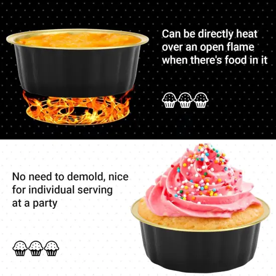 Disposable Baking Ramekins, 8 oz 100 Pack 3.9" 235ml Aluminum Foil Cups Bake Utility Ramekin Cup Souffle Cup Muffin Cupcake Baking Cup Mini Pudding Cups for Party Wedding Birthday - Black Gold {4}