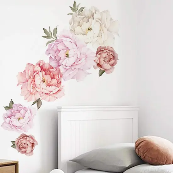 Watercolor Peony Flowers Wall Decals Floral Wall Stickers for Living Room, Delicate White & Pink Flowers Wall Posters Vinyl Blossom Art Applique for Bedroom Girls Room {1}