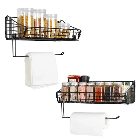 2PCS Black Multi-Functional Wall-Mounted Metal Basket Organizer with Foldable Paper Towel Holder &ndash; Space-Saving Storage Shelf for Kitchen, Bathroom, Bedroom & Hallway {1}