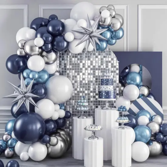 Blue Silver Balloon Arch Kit, Navy Blue Silver White Balloon Garland with Metallic Light Blue Silver Balloons Star Foil Balloons for Boys Men Birthday Wedding Graduation Baby Shower Party Decoration {3}