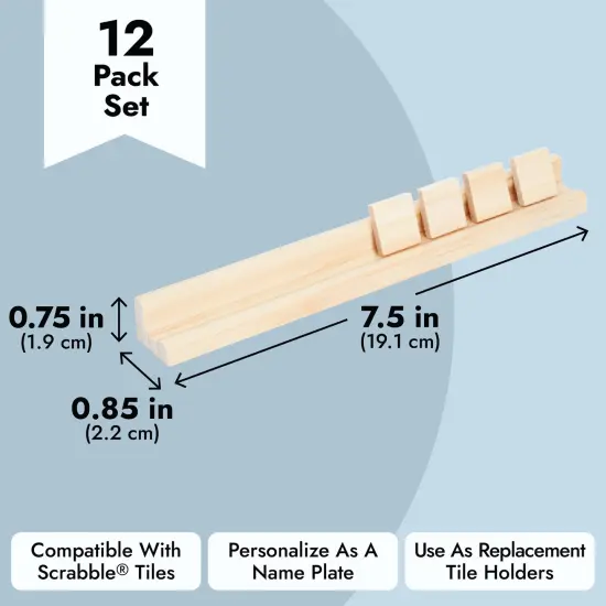 12 Pack Wooden Letter Racks for Scrabble Tiles Pieces, Replacement Game Tray Holders for Crafts (7.5 x 0.75 x 0.85 in) {4}