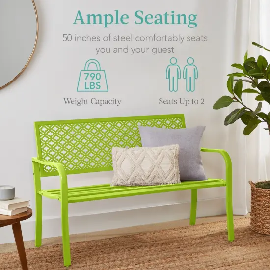 Best Choice Products Indoor Outdoor Steel Garden Bench w/ Geometric Backrest, Foot Levelers Lime Green {3}