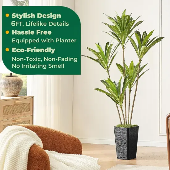 6FT Artificial Dracaena Silk Tree with Black Planter - Real Touch Fake Plant for Home & Office Decor, Faux Yucca Indoor Floor Tree {2}