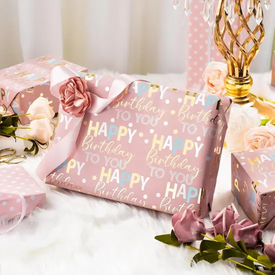 Reversible Pink Birthday Wrapping Paper Roll - 17 Inch X 33 Feet {2}