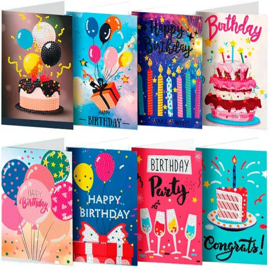 Diamond Art Painting Happy Birthday Cards, 8 Packs DIY 5D Diamond Greeting Cards Kits for Adults Diamond Art Birthday Cards with Envelopes Birthday Gifts for Families, Friends, Partners {1}