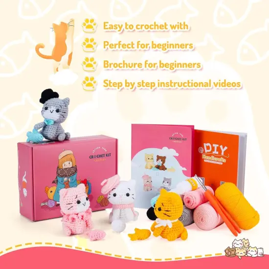 Crochet Kit for Beginners - Cat Crochet Kit Learn to Crochet Kits for Adults and Kids, 4 PCS Cat with Hat, Toy, Fish Crocheting Set {4}
