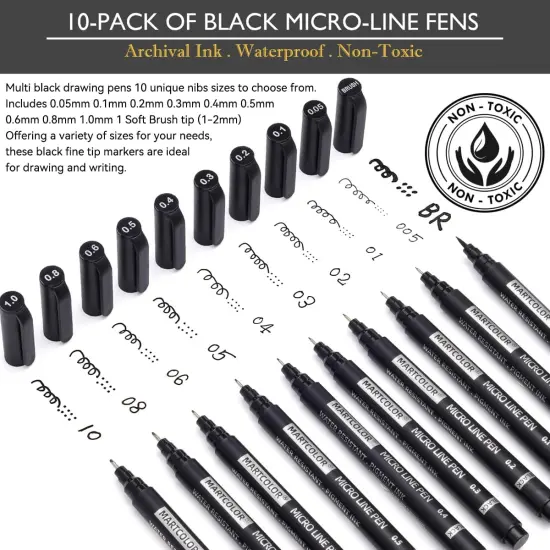 Micro Pen Fineliner Pens, 10 Size Fine Point Archival Black Ink Pens, Waterproof Multiliner Pen for Artist Illustration, Sketching, Art Drawing, Anime, Manga, DIY Gifts Projects {2}