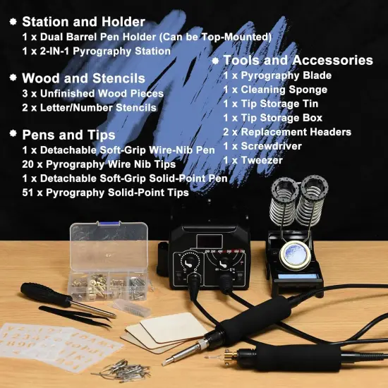 -IN-1 Wood Burning Kit Pyrography Wood Burner Includes 51 Solid Points, 20 Wire Nibs, 2 Letter Number Stencils, 3 Unfinished Wood Pieces, Pen Holder & Burning Tool for Pyrography {2}