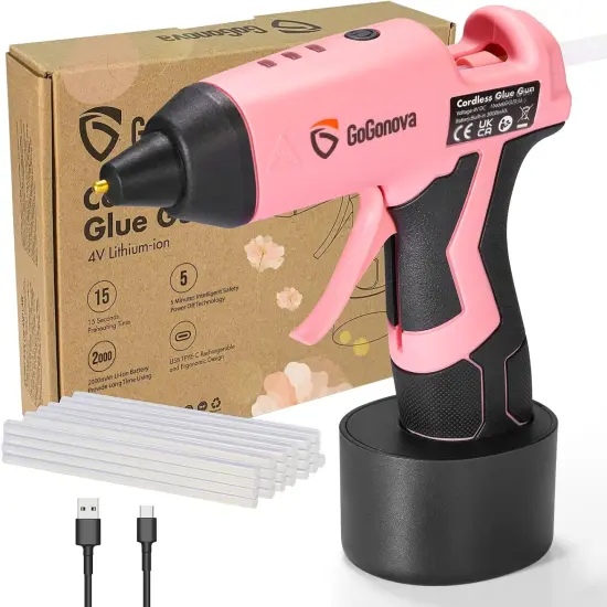 Cordless Glue Gun, 15s Fast Preheating 2Ah Cordless Hot Glue Gun with 25 Pcs Premium Mini Glue Gun Sticks, USB-C Battery Rechargeable hot glue gun, Smart Power-Off, Pink {1}