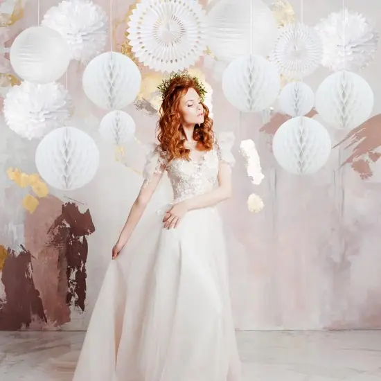 14 PCS White Honeycomb Decorations Paper Lanterns Party Decoration Kit Hanging Tissue Pom Poms Flowers White Paper Fans for Wedding Engagement Birthday Baby Bridal Shower Party Decoration Easy Joy {4}