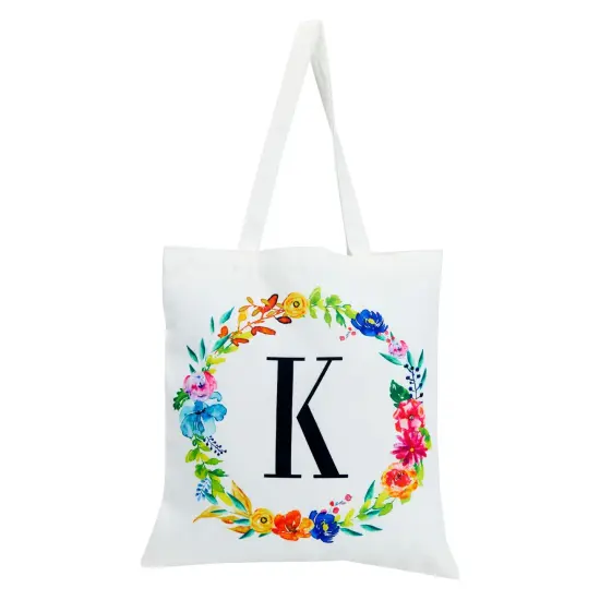 Set of 2 Reusable Monogram Letter K Personalized Canvas Tote Bags for Women, Floral Design (29 Inches) White {5}