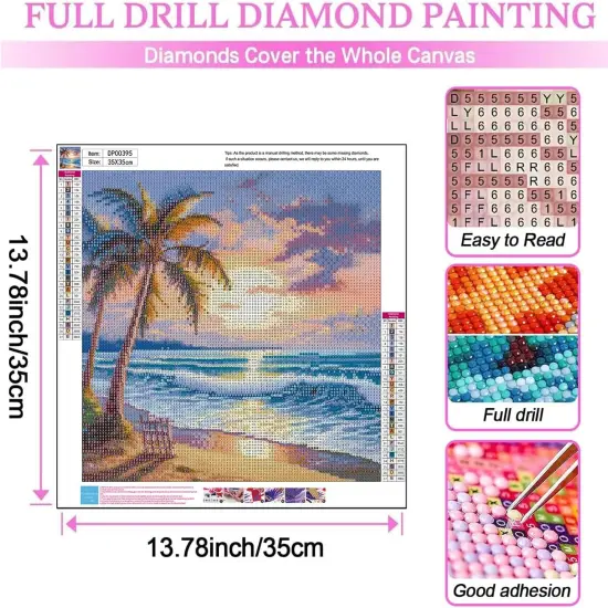 Diamond Art Kits for Adults, Beach 5D Diamond Painting Kits for Beginner DIY Gem Art Full Drill Diamond Dots Crystal Craft Kits for Home Wall Decor Gifts 13.78x13.78inch {5}