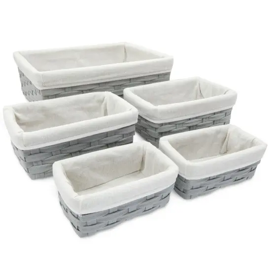 5 Pack Wicker Nesting Baskets with Cloth Lining for Pantry Shelves, Rectangular Storage Bins for Organizing Closet (Gray, 3 Sizes) Grey {1}