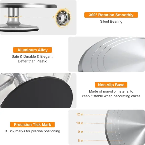 12 Inch Cake Turntable Cake Decorating Supplies Kit, 33 pcs Rotating Aluminium Cake Stand Set, Baking Tools with 20 Icing Tips, Bags, 3 Icing Smoother, Straight & Offset Spatula, Silicone Spatula {5}