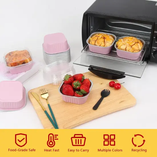 10oz Mini Cake Pans With Lids 40 Pack,LNYZQUS Aluminum Foil Square Brownie Baking Cups,Disposable 4&rdquo;x4&rdquo; Large Cupcake Pan,Jumbo Muffin Tin Ramekins Holders-Pink {2}