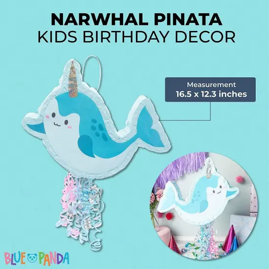 Pull String Narwhal Pinata for Birthday Party Supplies, Under the Sea Party Decorations, Baby Shower (Small, 16.5 x 12.3 x 3 In) Blue {5}