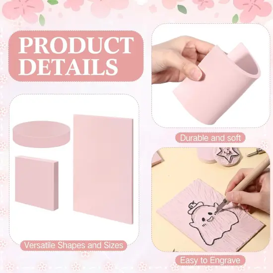 18 Pcs Rubber Stamp Carving Blocks Pink Soft Linoleum Blocks Round Square Rectangle Carving Kit for Stamp Soft Rubber Crafts and DIY Craft Project {3}