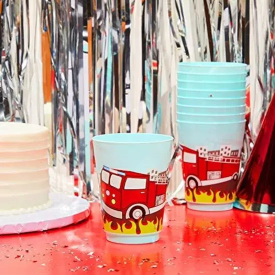 BLUE PANDA 16 Pack Plastic Fire Truck Cups for Kids, Firefighter Party Favors for Birthday Supplies (16 oz) {3}