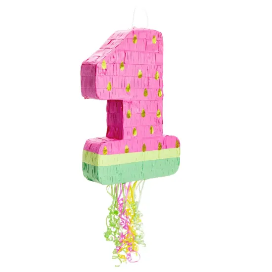 Pull String Number 1 Watermelon Pinata for 1st Birthday Party Supplies, One In A Melon Party Decorations, Baby Shower (Small, 16.5x11x3 In) Pink {1}