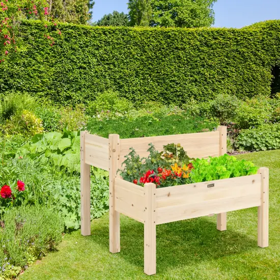 2 Tier Wooden Raised Garden Bed with Multiple Draining Holes Suitable for Yards or Porches Natural {6}