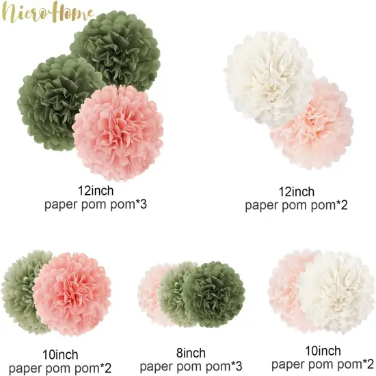 Bridal Shower Decorations, 12 PCS Pink Moss Sage Green Tissue Paper Pom Poms Paper Flowers for Boho Neutral Baby Shower Wedding Engagement Birthday Spring Summer Party Decorations {3}