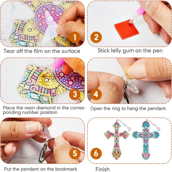 6 Pcs Cross 5D Diamond Art Kit for Adult DIY Painting Kit Religious Crystal Cross Diamond Bookmarks for Reading Lover Home Office School Project Read DIY Crafts Gifts, 6 Styles {5}